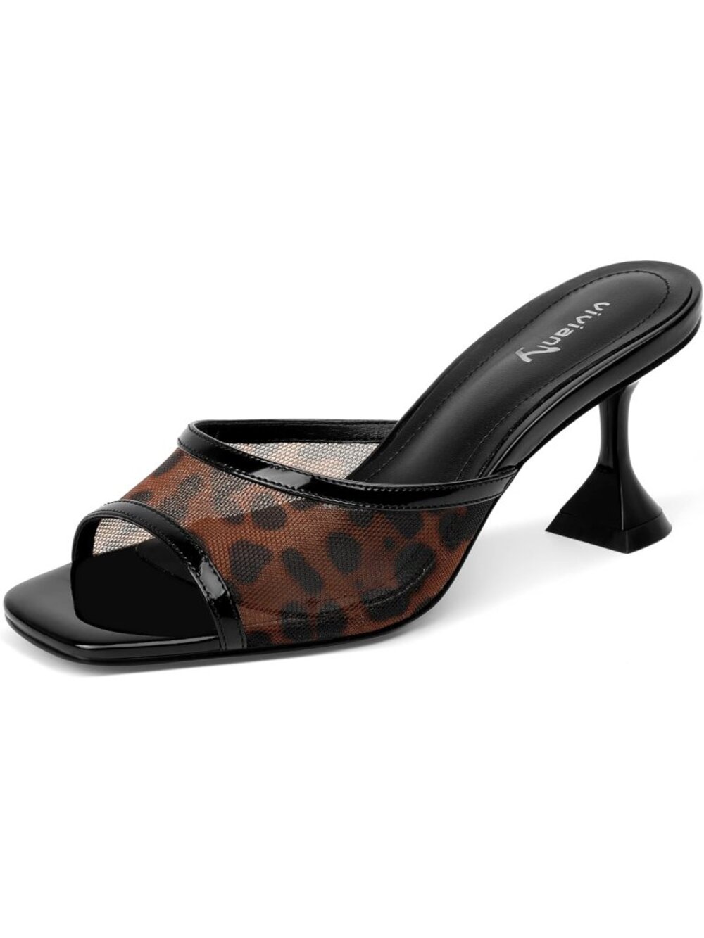 Women's Black Leopard Square Open Toe Slip on Heeled Slides Sexy Mules Sandals
